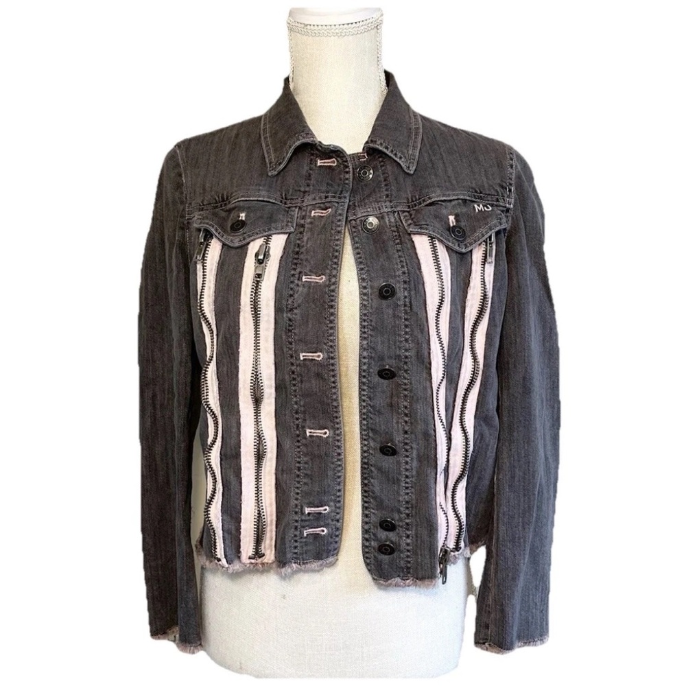 Marc Jacobs S Jean Jacket Gray Pink Y2K Zipper Logo Fringe Hem Stretch 3/4 Sleev